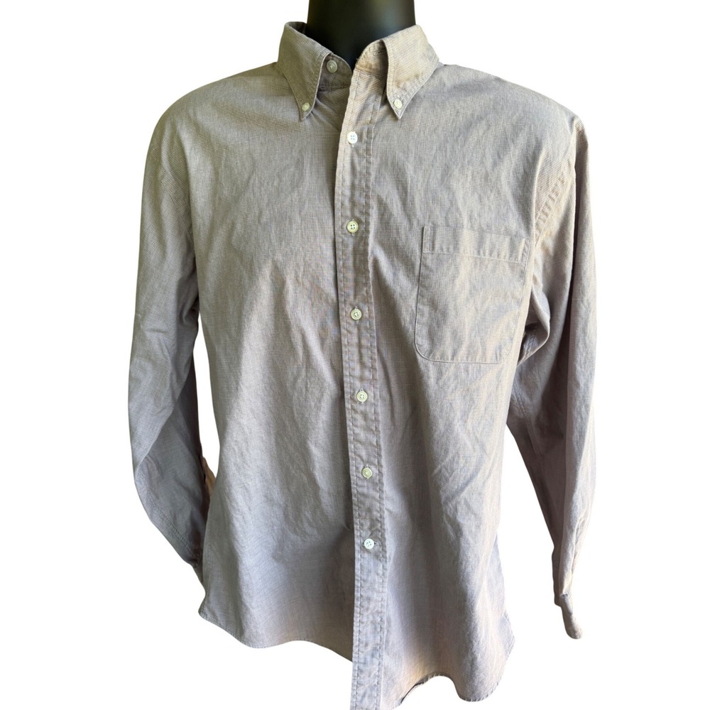 Lands End Mens 16-35 Regular Brown Micro Grid Check Cotton Button Down Shirt